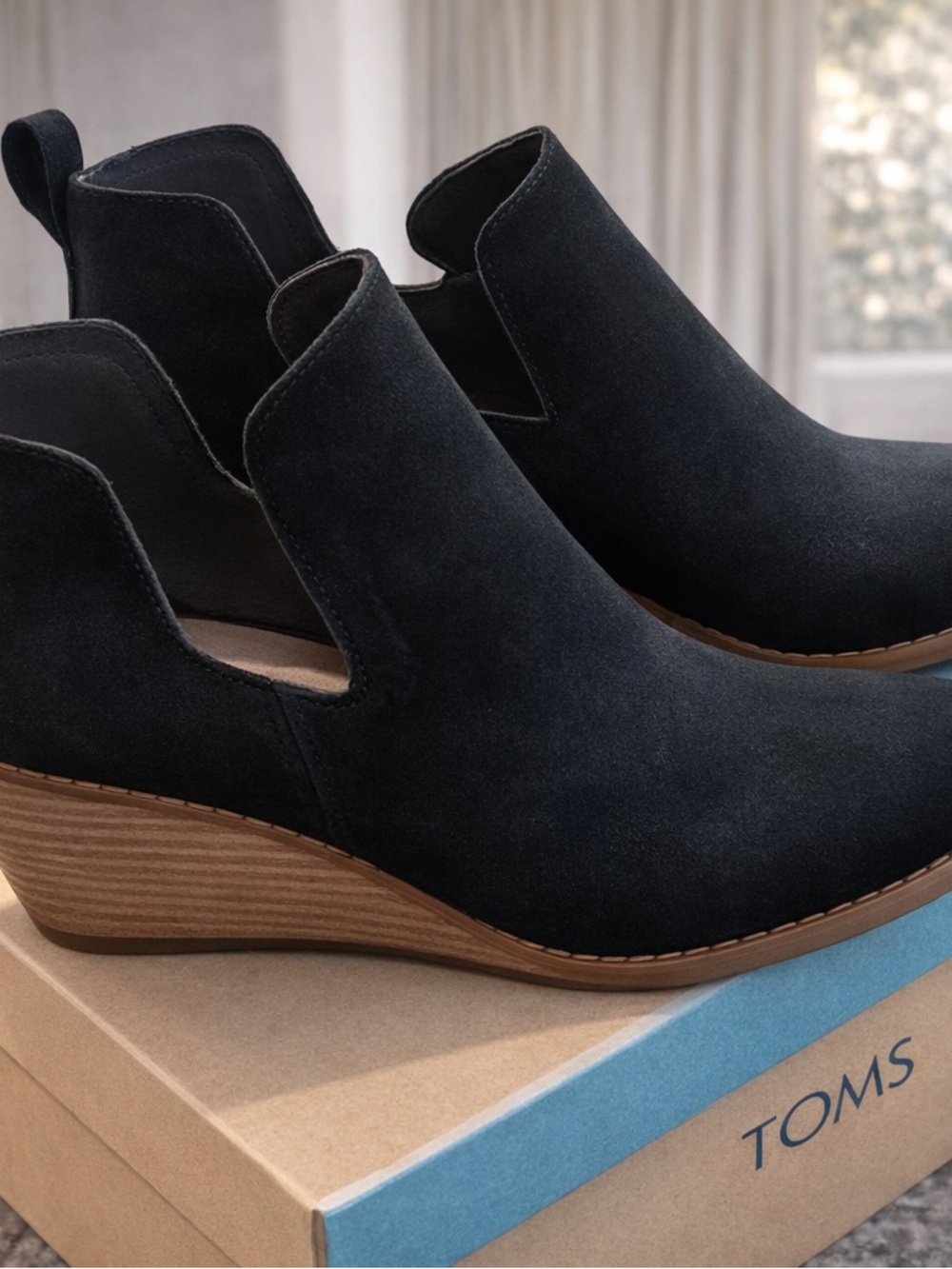 Toms Black Suede Ankle Booties with Brown Wedge Sole